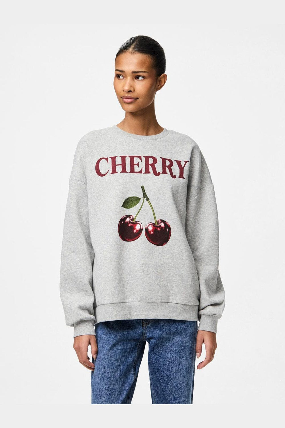 Pieces - Pcforina Ls O-Neck Sweat Fsy - 4869579 Light Grey Melange Rhubarb Cherry