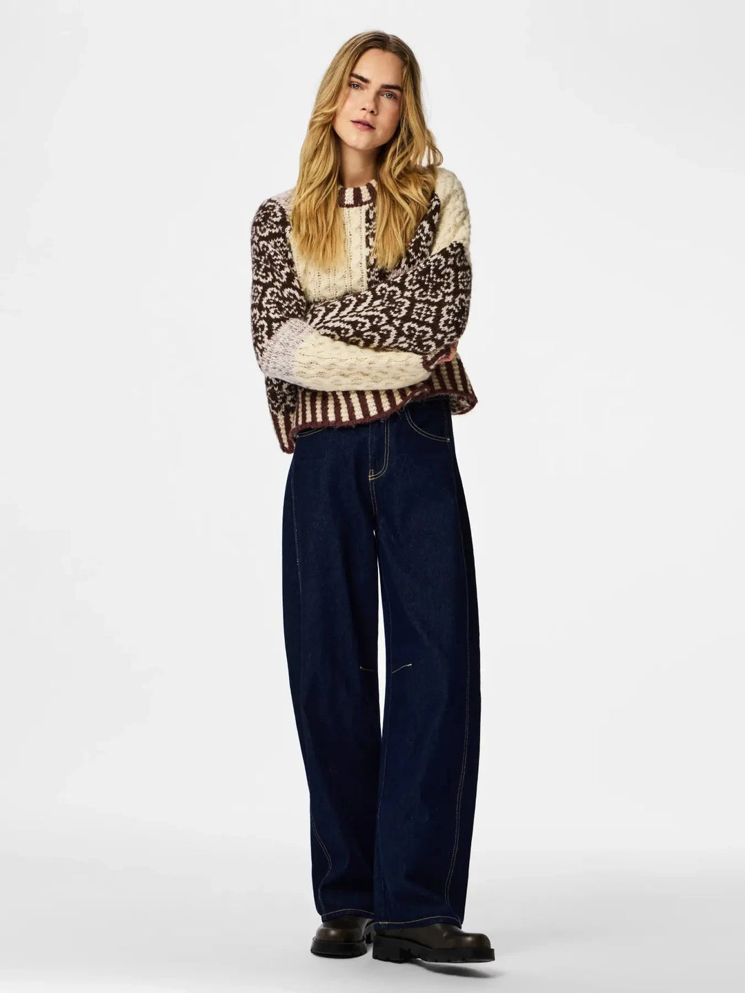 Pieces - Pcfusion Ls O-Neck Colorblock Knit - 5129668 Greige Natural Tones Colorblock Strikbluser 