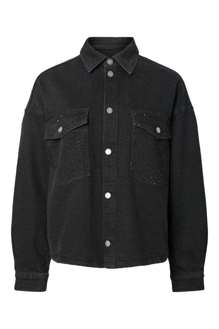 Pieces - Pcgabi Ls Rhinestone Denim Shirt - 4994525 Black Denim Black Rhinestones