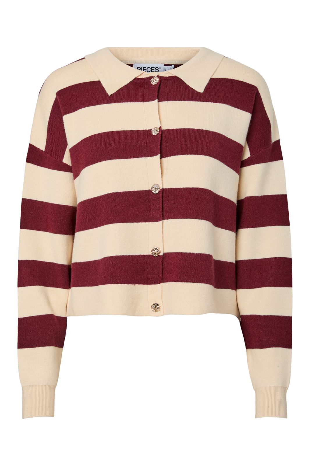 Pieces - Pcjassy Ls Polo Knit Cardigan - 5040029 Winetasting Birch