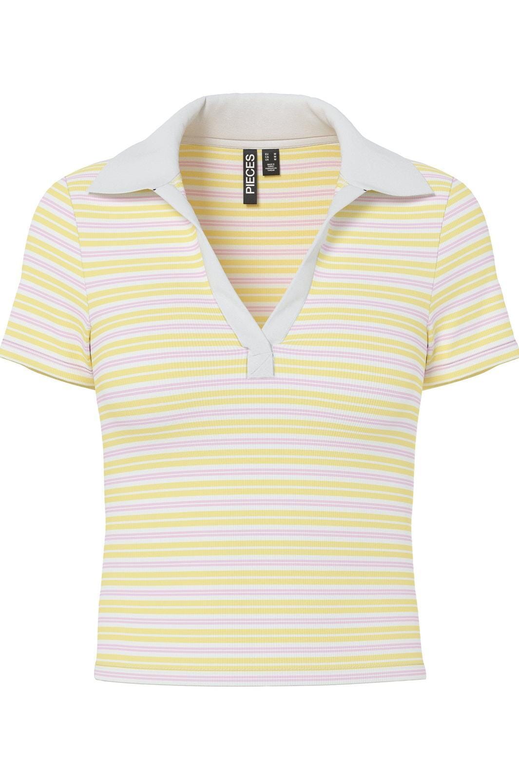 Pieces - Pcjayjay Ss V-Neck Polo Top Fsy - 4961818 Pale Banana Pink Tulle/White Skjorter 