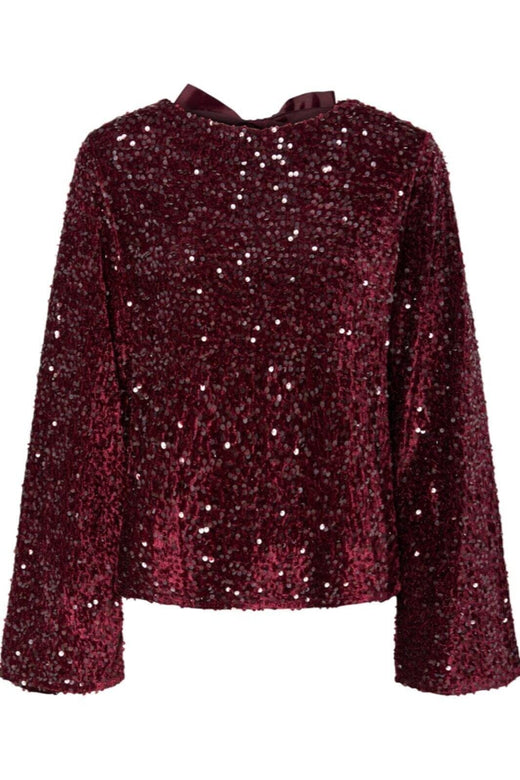 Pieces - Pckam Ls Deep Back Bow Top - 4859165 Tawny Port Tawney Port Sequins Bluser 