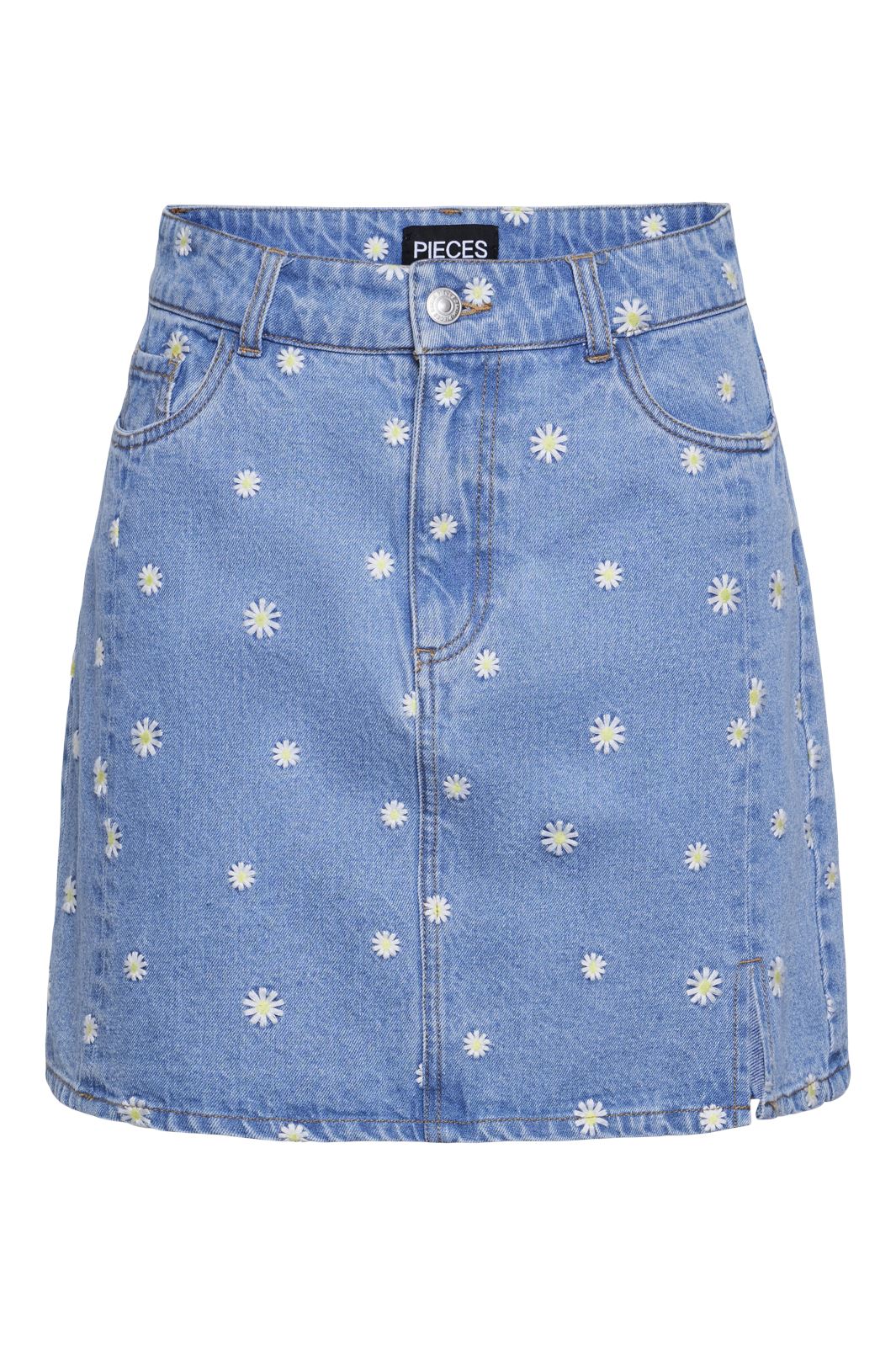 Pieces - Pcmay Short Denim Skirt - 4574938 Medium Blue Denim Emb Flowers