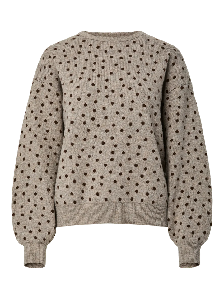 Pieces - Pcnancy Ls O-Neck Dot Knit - 5098309 Fossil Fudge Dots Strikbluser 