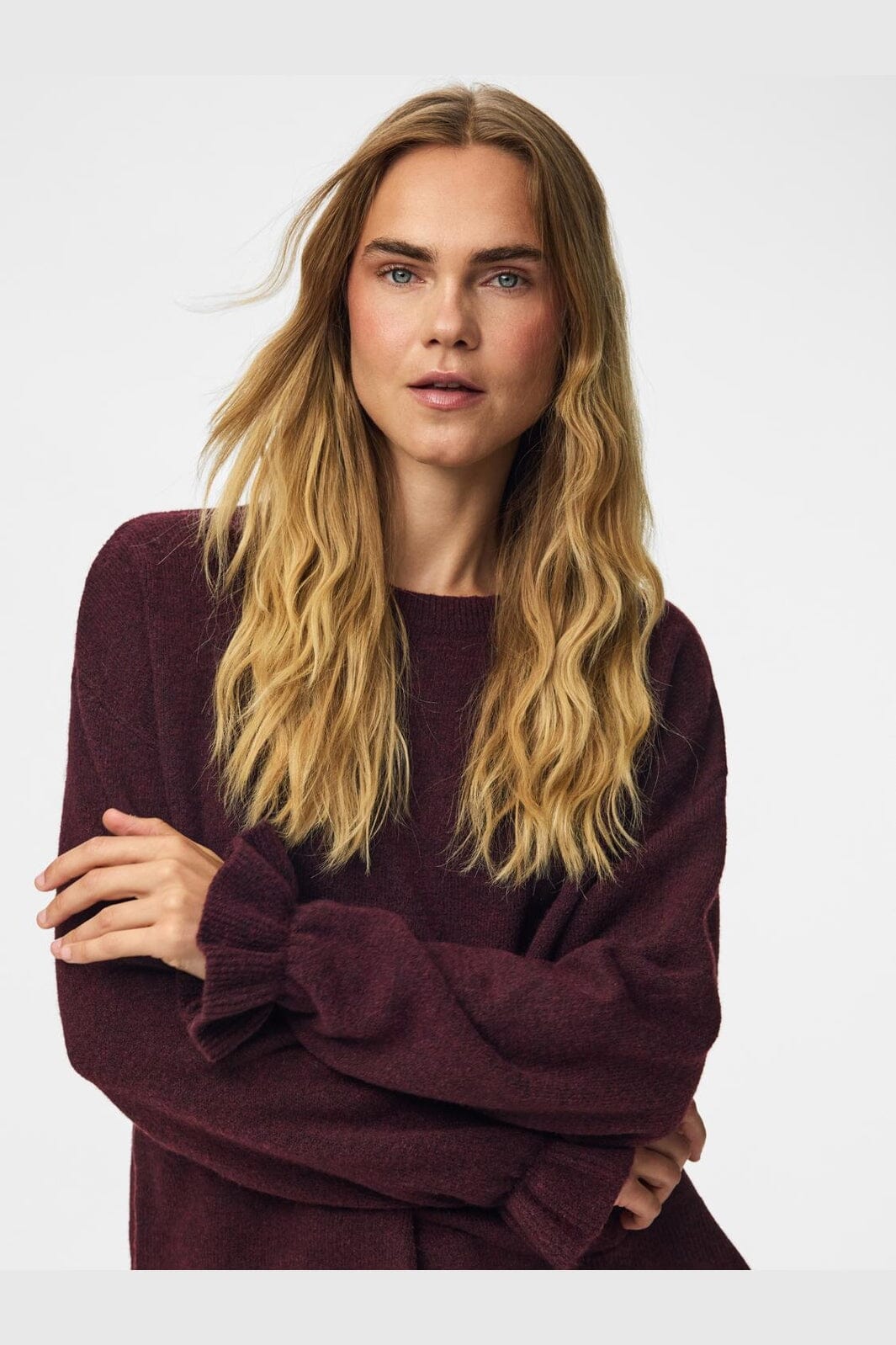 Pieces - Pcsally Ls Frill Cuff Knit - 5087233 Winetasting Melange