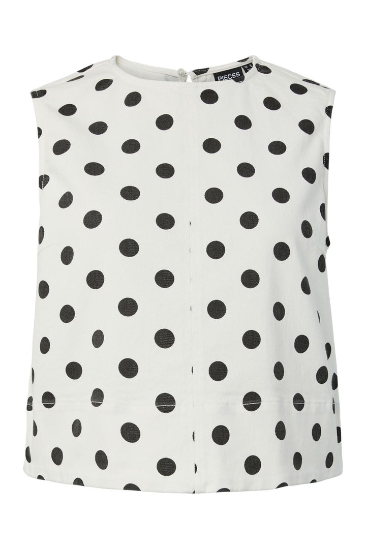 Pieces - Pcsalume Sl Denim Top - 5069484 Bright White Black Dots