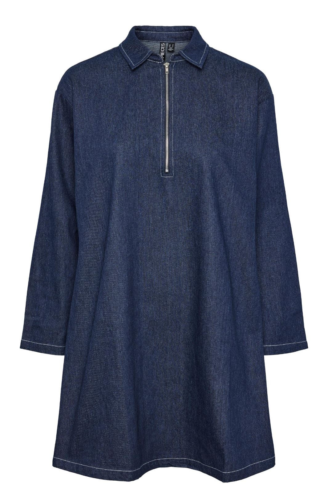 Pieces - Pcshirley Ls Short Denim Dress - 4523434 Dark Blue Denim White Contrast Stiching Kjoler 