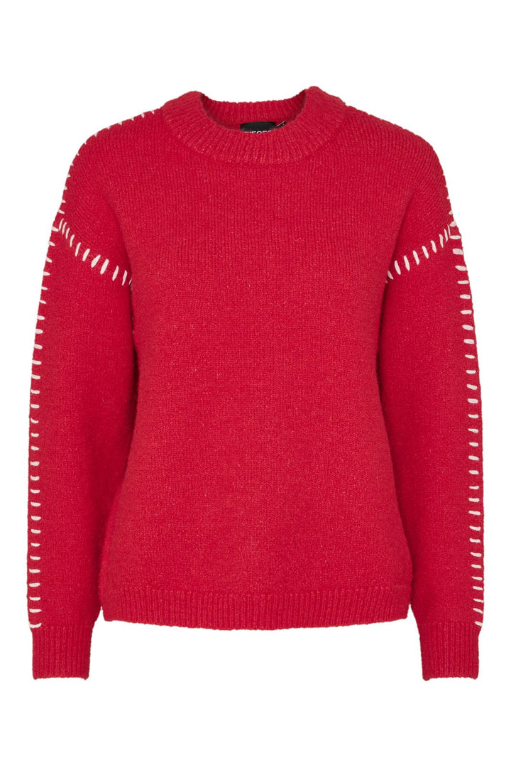 Pieces - Pcsilah Ls O-Neck Knit - 4722997 High Risk Red White Stitch