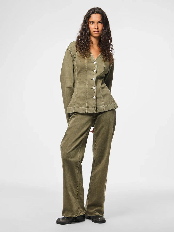 Pieces - Pcsilke Ls Col Denim Shirt - 5003563 Military Olive Skjorter 
