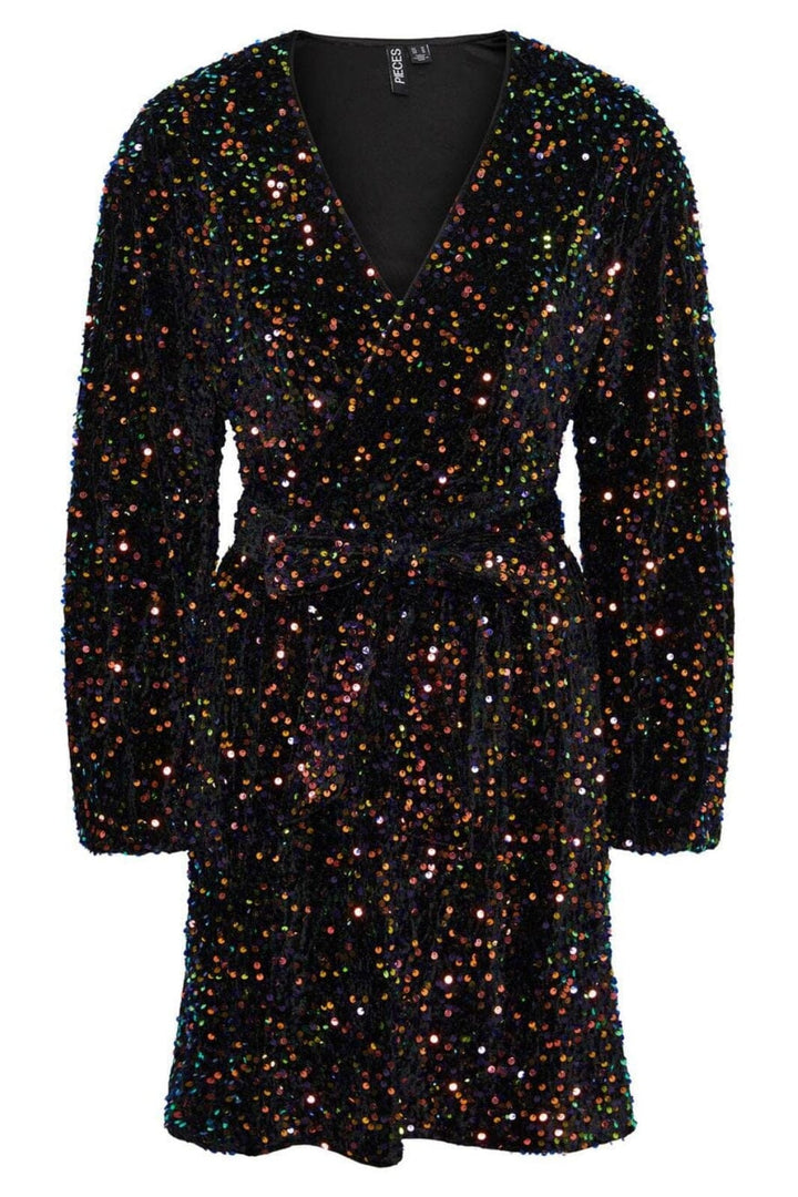Pieces - Pcstella Ls Sequin Wrap Dress - 4514774 Black Sequins Kjoler 