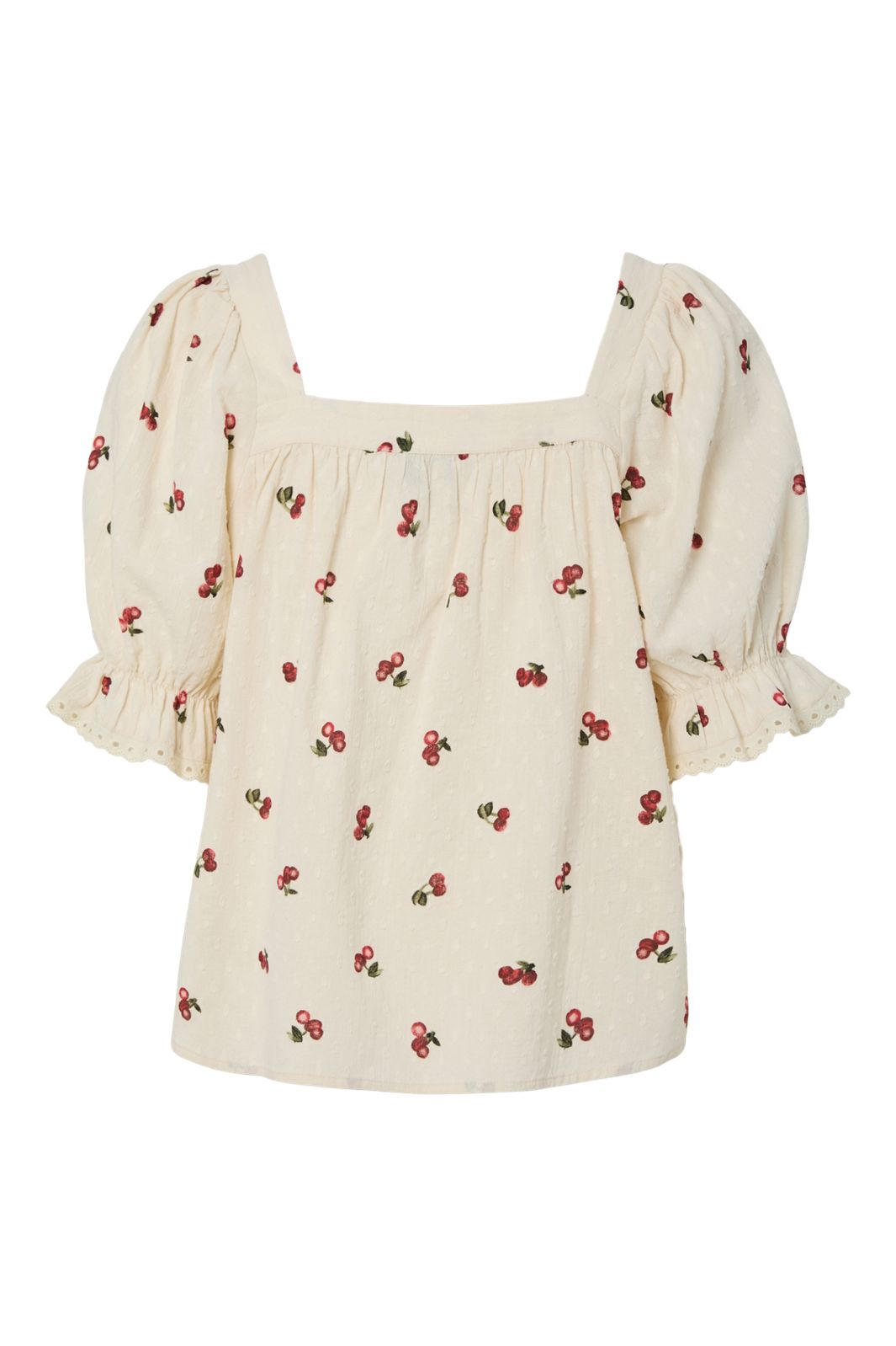 Forudbestilling - Pieces - Pcthea 3/4 Square Neck Top Pp - 4936521 Cloud Cream Cherries