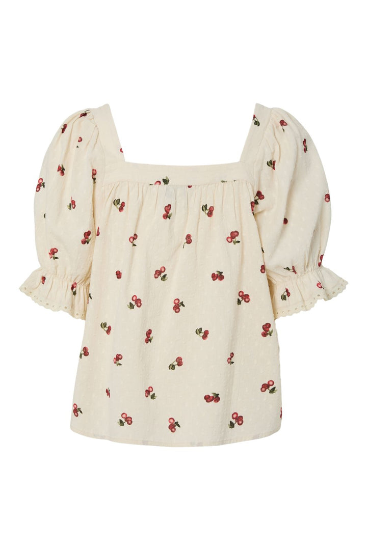 Forudbestilling - Pieces - Pcthea 3/4 Square Neck Top Pp - 4936521 Cloud Cream Cherries