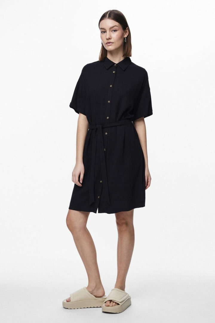 Pieces - Pcvinsty Ss Linen Shirt Dress - 4086490 Black Kjoler 