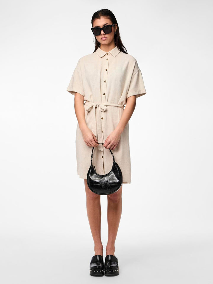 Pieces - Pcvinsty Ss Linen Shirt Dress - 4535249 Oatmeal Kjoler 