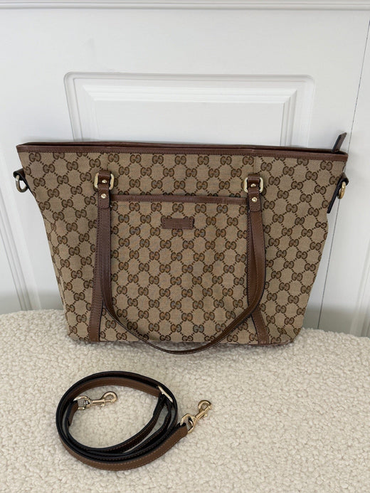 Preloved Vintageline x Molly&My - Gucci Shopper – Gg Canvas & Kalveskind Med Aftagelig Rem - Logo Tasker 