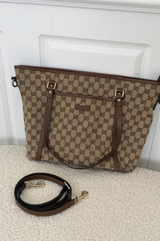 Preloved Vintageline x Molly&My - Gucci Shopper – Gg Canvas & Kalveskind Med Aftagelig Rem - Logo Tasker 