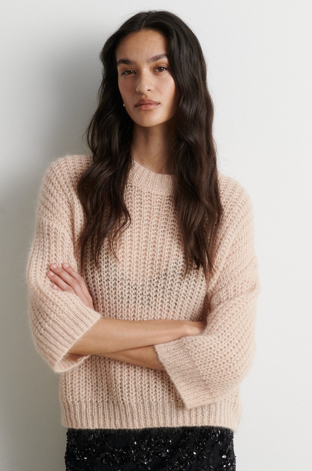 Second Female - Glora SS Knit Pullover 61299 - 3077 Cream Tan Strikbluser 