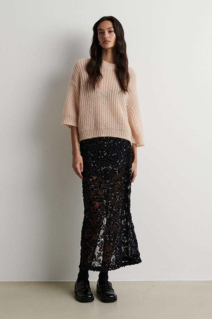 Second Female - Glora SS Knit Pullover 61299 - 3077 Cream Tan Strikbluser 