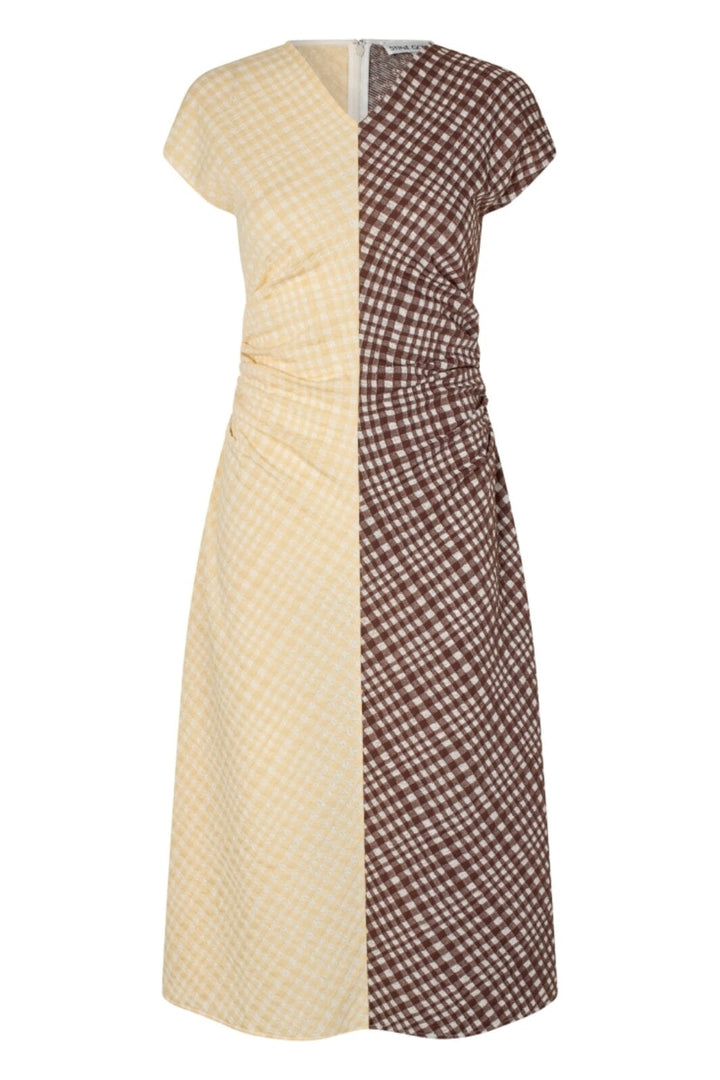 Stine Goya - 2118 Checkered Jersey, Ruched Waist Midi Dresssg-aw25-d156-2118 - Brown And Yellow Checks