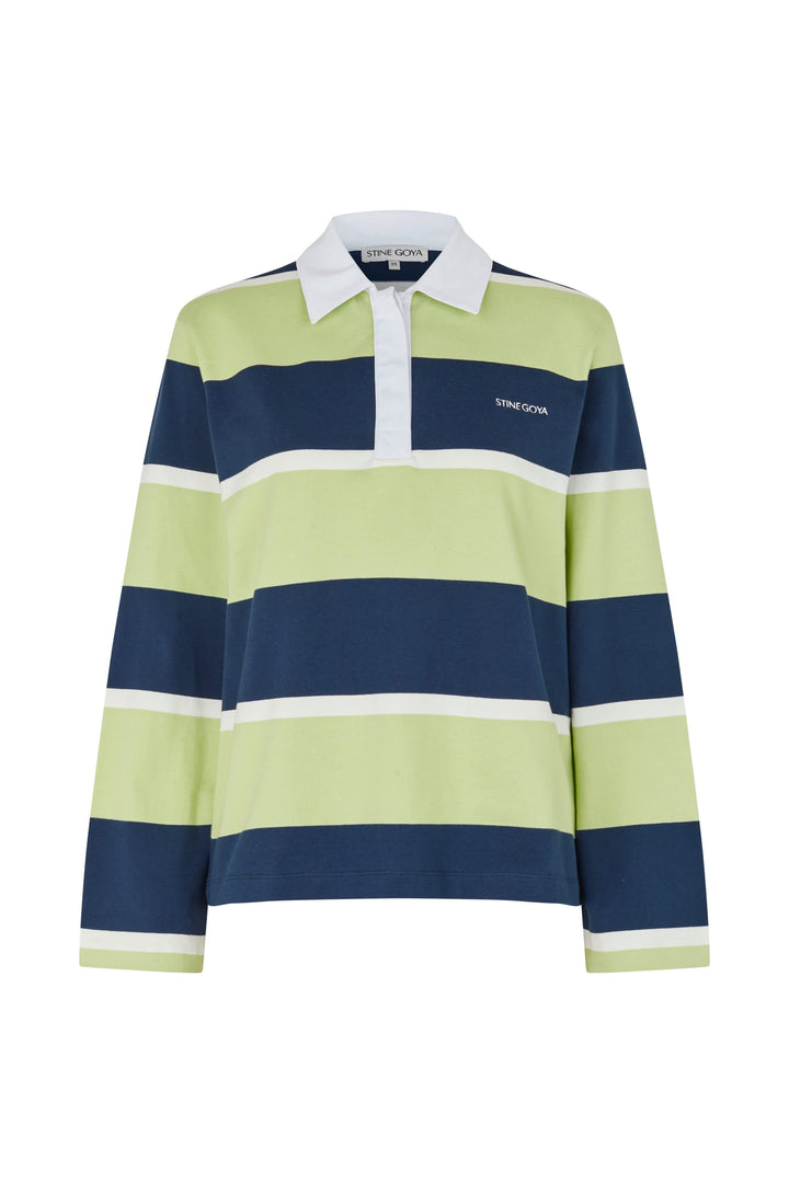 Stine Goya - 2457 Heavy Dry Jersey / Cotton, Polo Long Sleeve Topsg-ps26-t120-2457 - Yellow And Navy Blue Stripes Toppe 