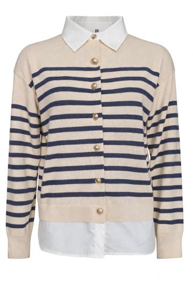 Valentin Studio - Shirt Knit Ch171076b - Crème/Navy Strikbluser 