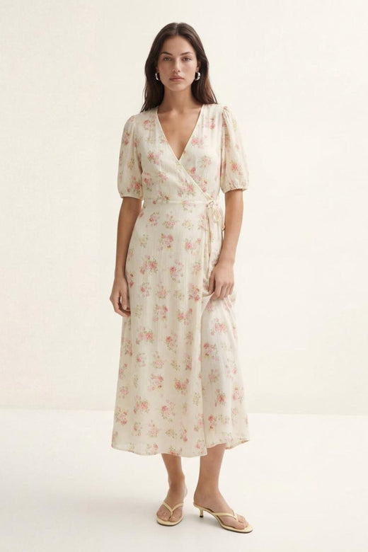 Vero Moda - Vmbella 2/4 V-Neck Wrap 7/8 Dress - 5037521 Birch Pink Bella Flower