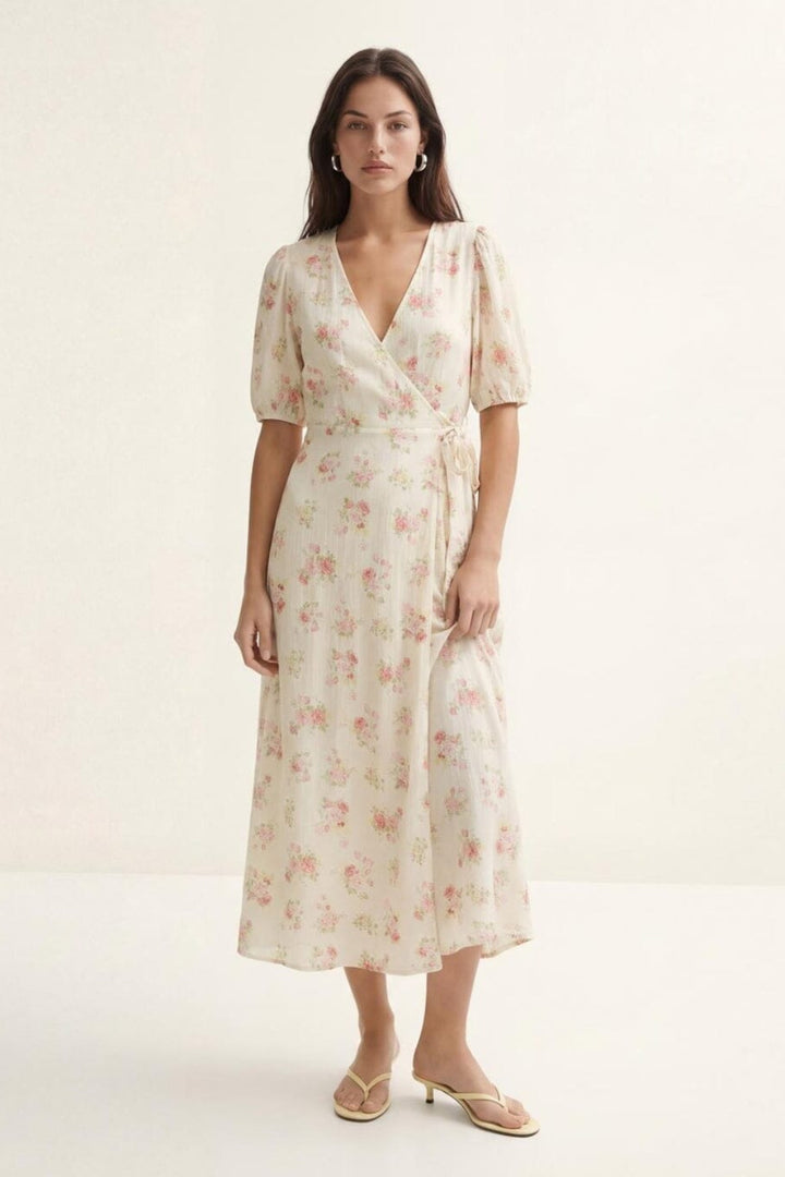 Vero Moda - Vmbella 2/4 V-Neck Wrap 7/8 Dress - 5037521 Birch Pink Bella Flower