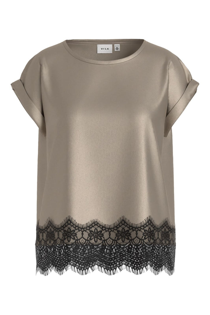 Vila - Viellette S/S Full Satin Lace Top - 5085038 Cement Black Lace