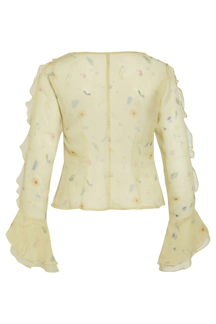 Vila - Viemmy L/S V-Neck Frill Top - 5002464 Pale Banana Flower Toppe 