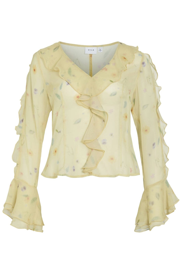Vila - Viemmy L/S V-Neck Frill Top - 5002464 Pale Banana Flower Toppe 
