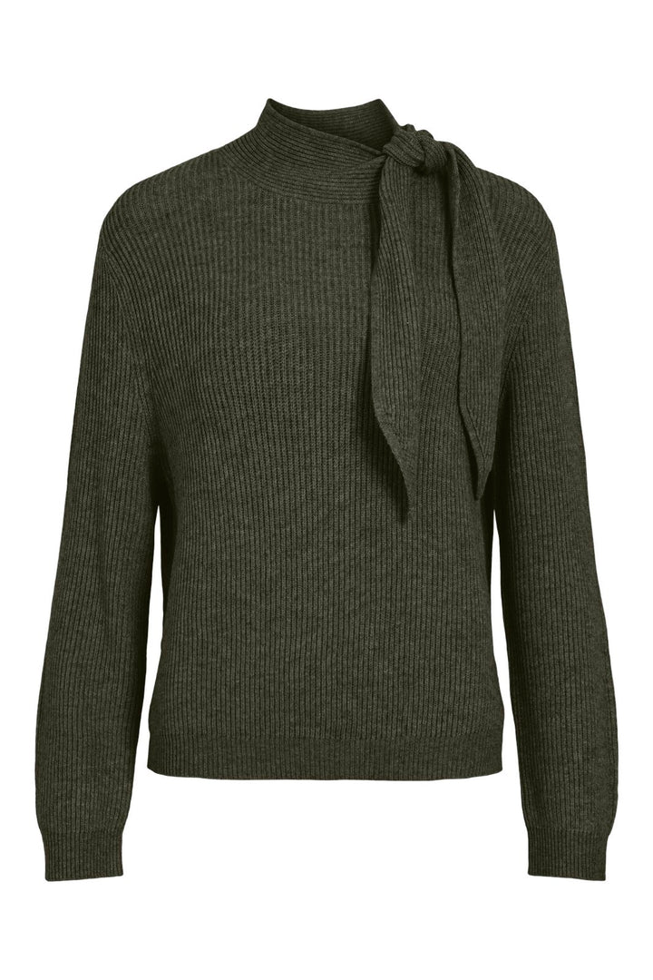 Vila - Viril Highneck L/S Tie Detail Knit-Noos - 5212698 Forest Night Dark Melange