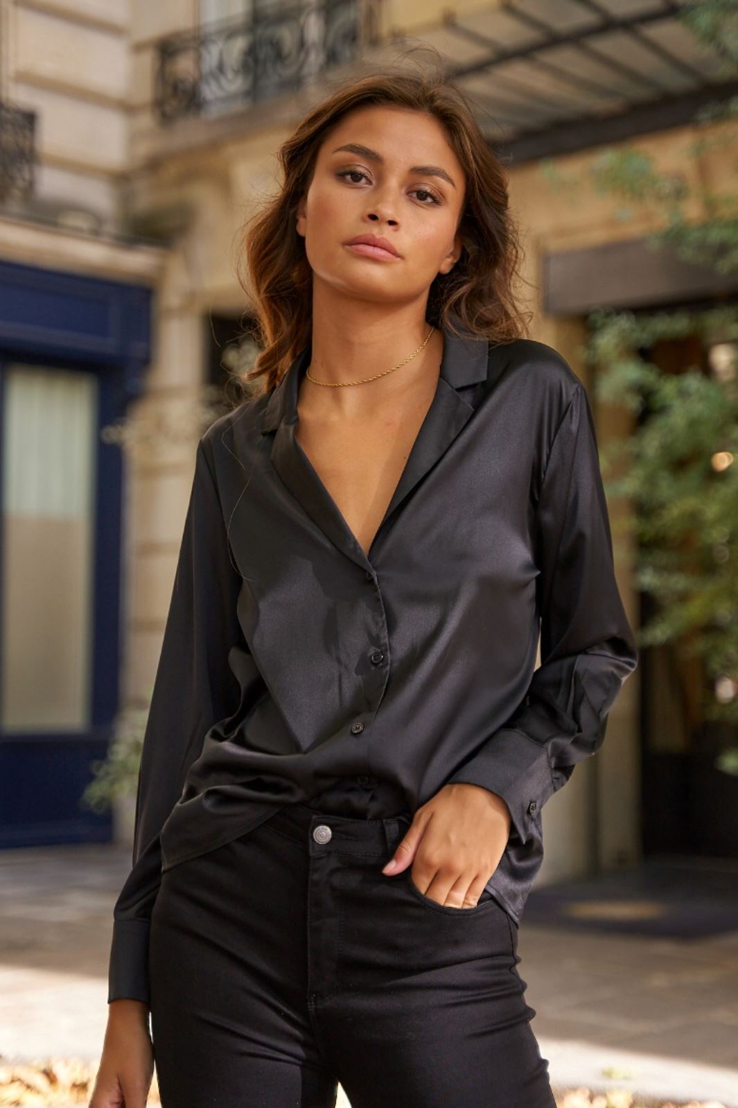A-bee - Satin Shirt With Pyjma Colla CK08175 - Black Skjorter 