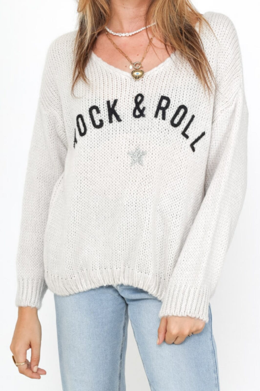 A-bee - Sweater CS 800 Rock & Roll Stars - Cream Strikbluser 