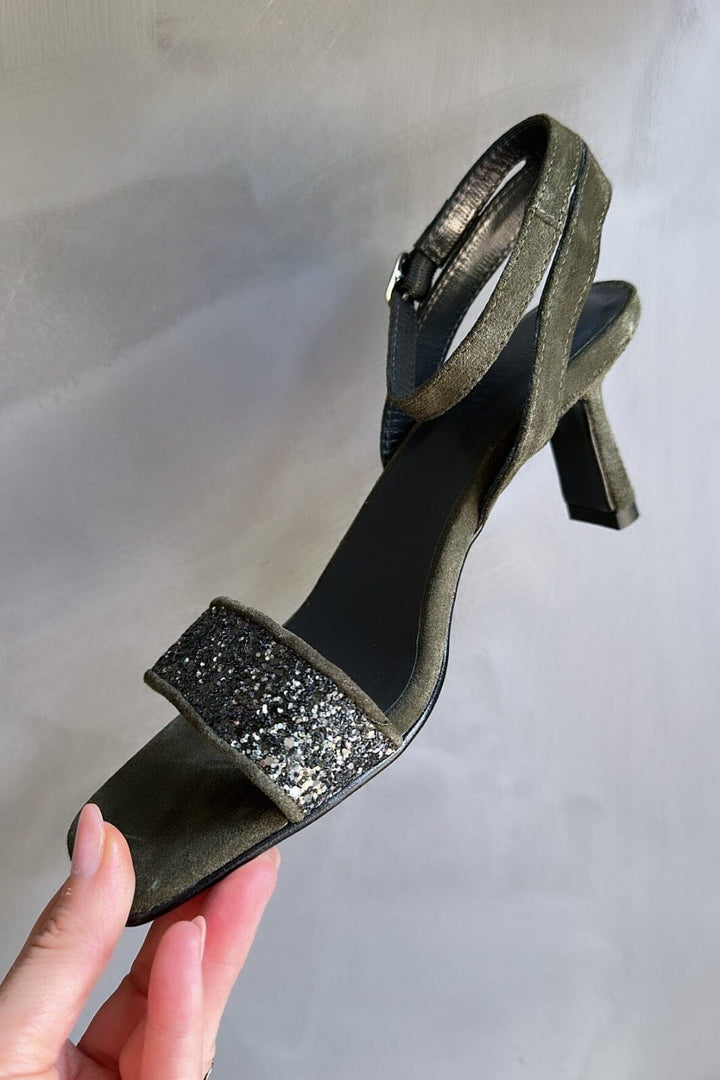 Angulus - Sandals- Block heels - 1757/2244 Dark green glitter/Dark green Stiletter 