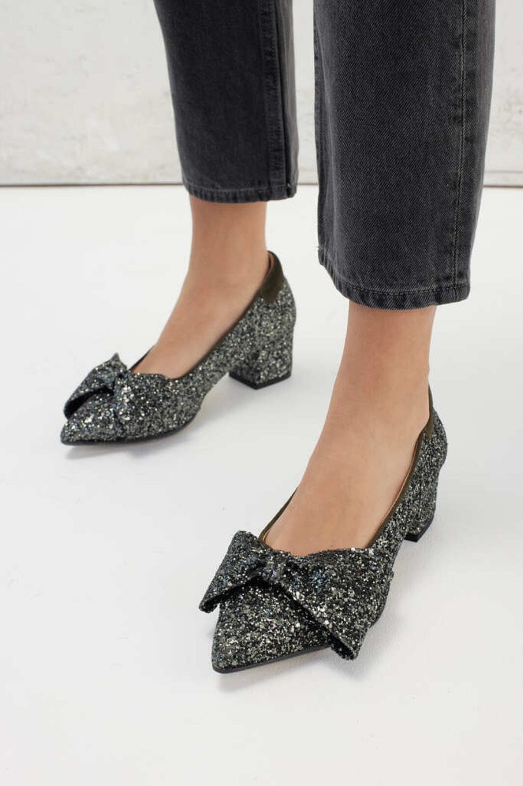 Angulus - Sparkling glitter bow pump - 1757/2244 Dark green glitter/Dark green Stiletter 