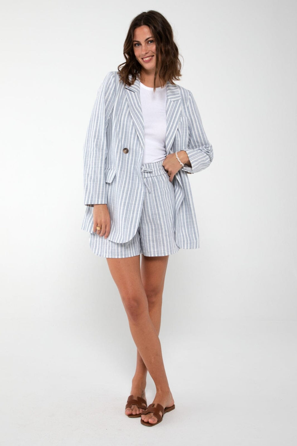 Forudbestilling - A-VIEW - Annali Stripe Linen Blazer - 091 Blue/White (Maj) Blazere 