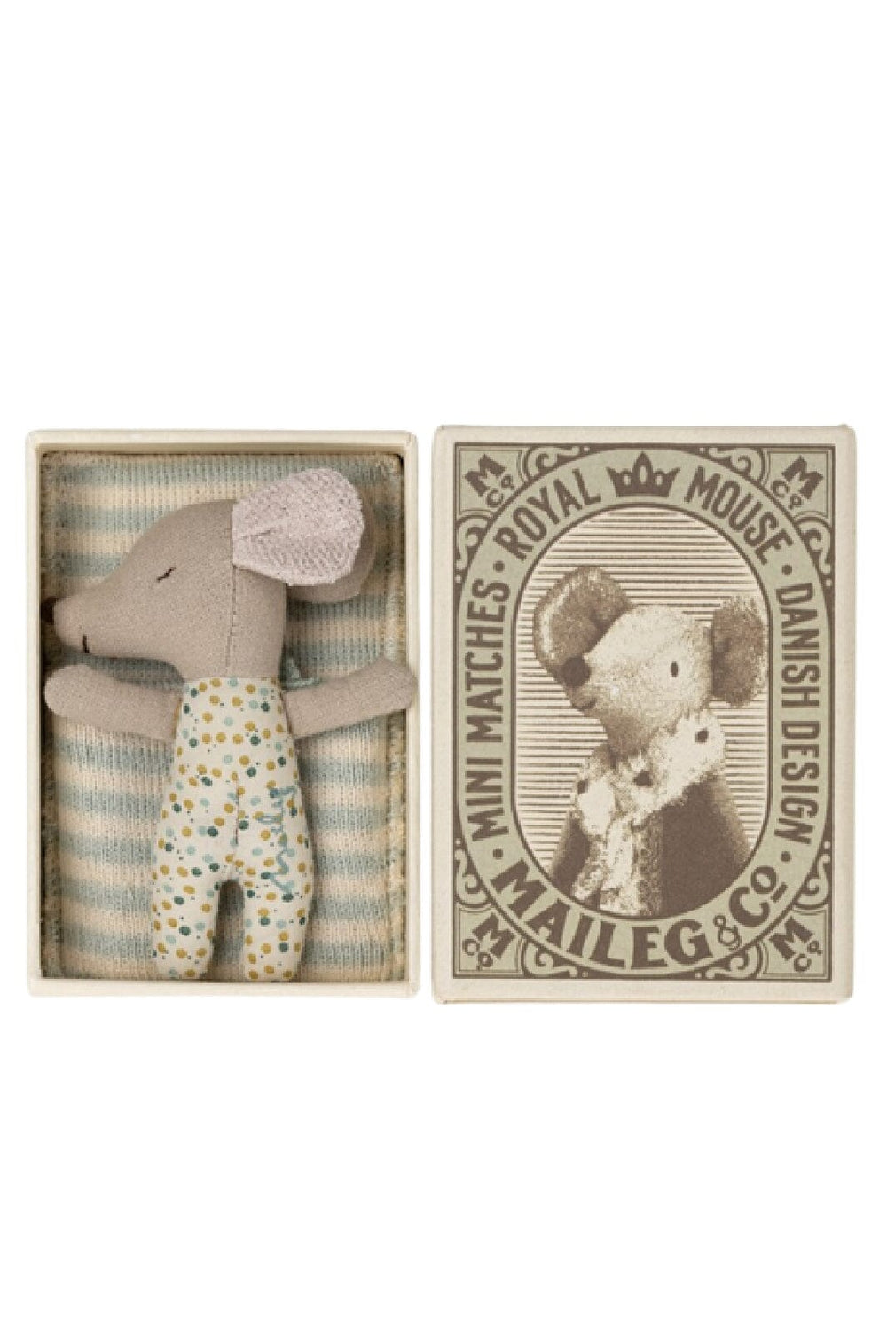 Forudbestilling - Maileg - Sleepy/Wakey Baby Mouse In Matchbox - Blue Jul 