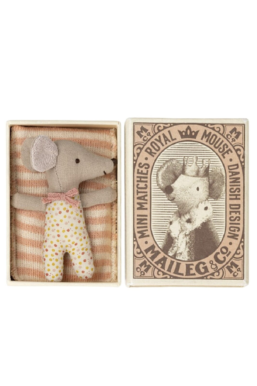 Forudbestilling - Maileg - Sleepy/Wakey Baby Mouse In Matchbox - Rose Jul 
