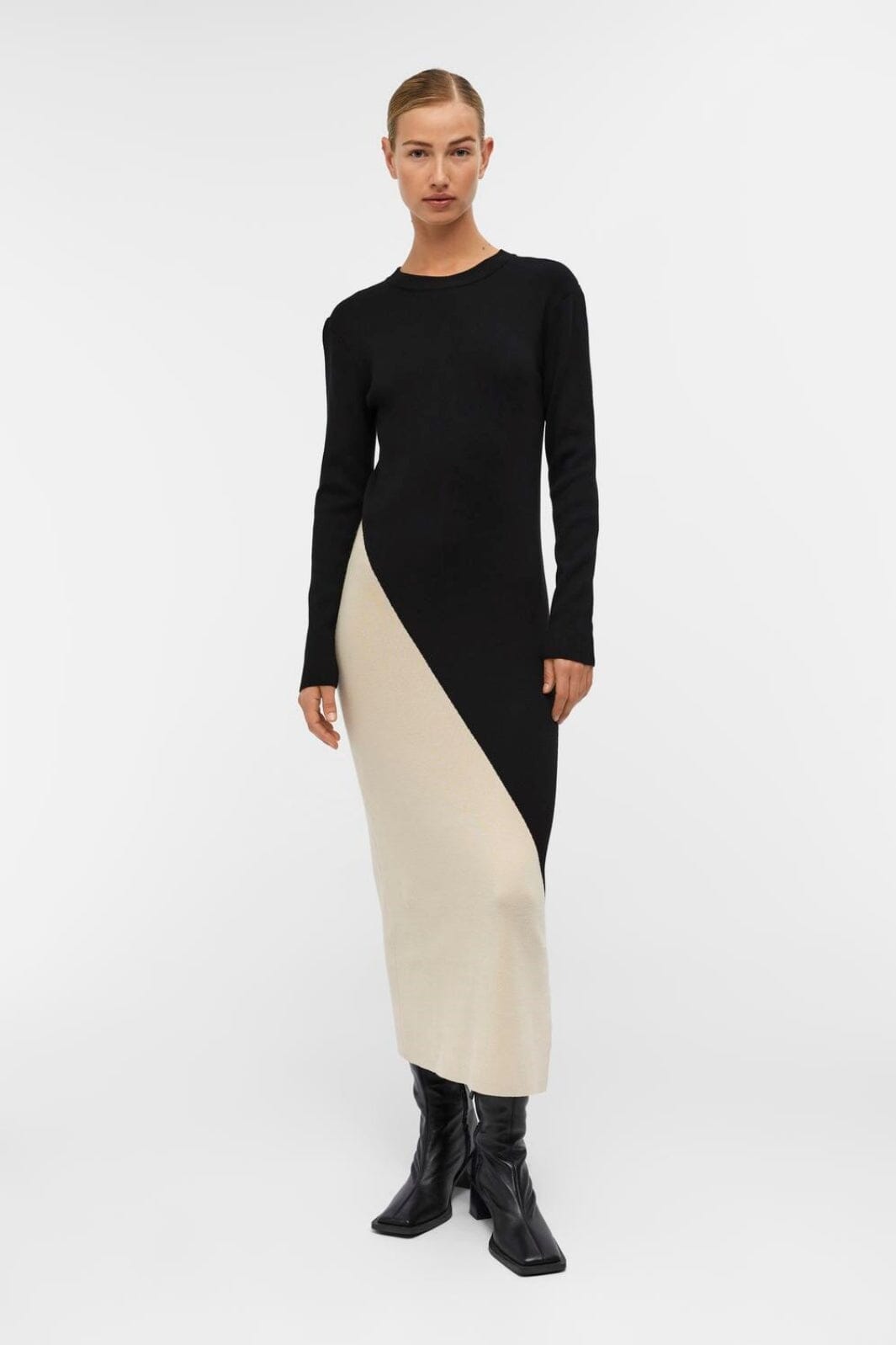 Forudbestilling - Object - Objesterblock L/S Knit Dress 129 - 4340224 Black Cb sandshell Kjoler 
