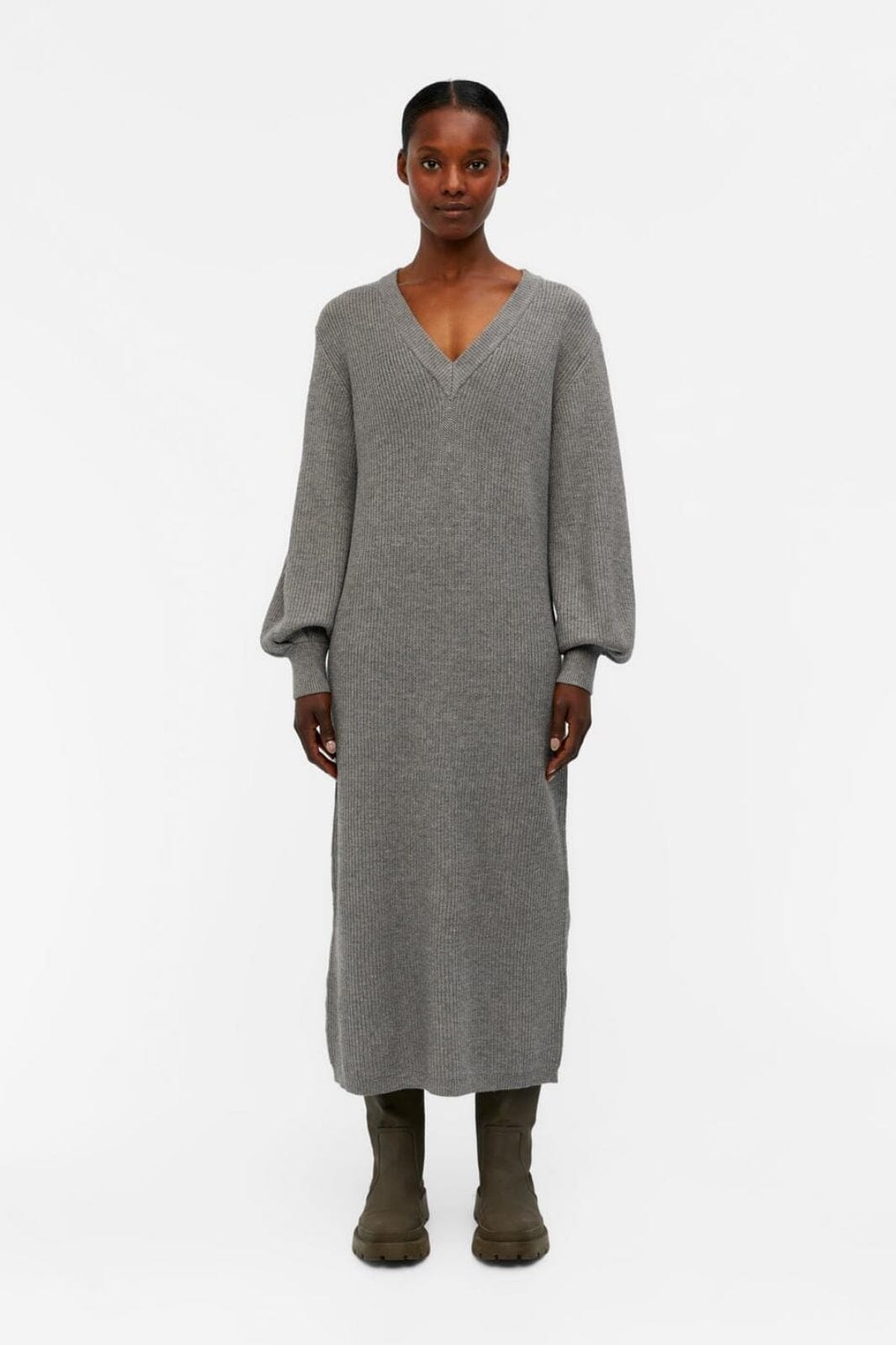 Forudbestilling - Object - Objmalena L/S Knit Dress - 3645230 Medium Grey Melange Kjoler 