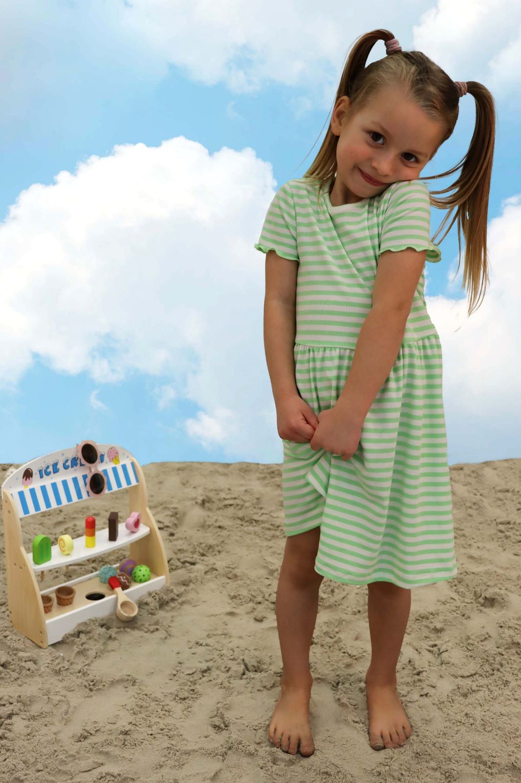 Liberte Ami - Natalia-Ss-Dress-Kids - Lime Green Creme Stripe 