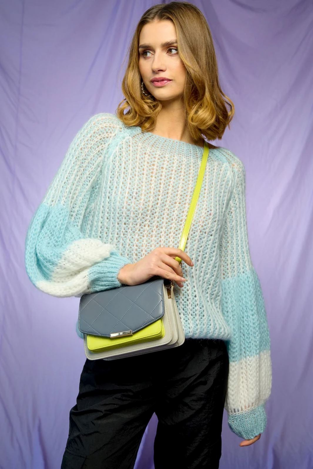 Noella - Liana Knit Sweater - White/Lilac Blue Strikbluser 