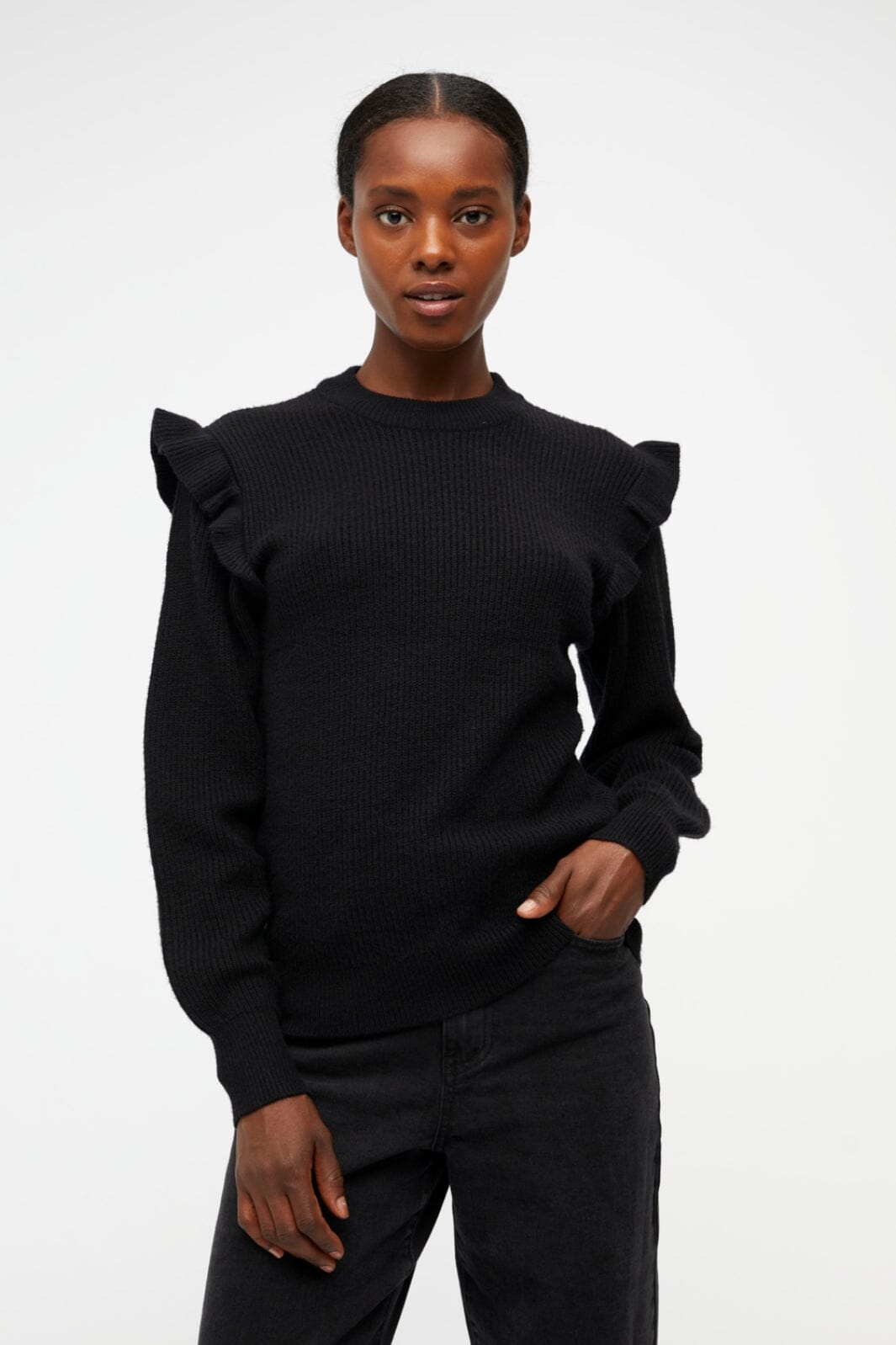 Object - Objmalena L/S Ruffle Pullover - Black MELANGE Strikbluser 