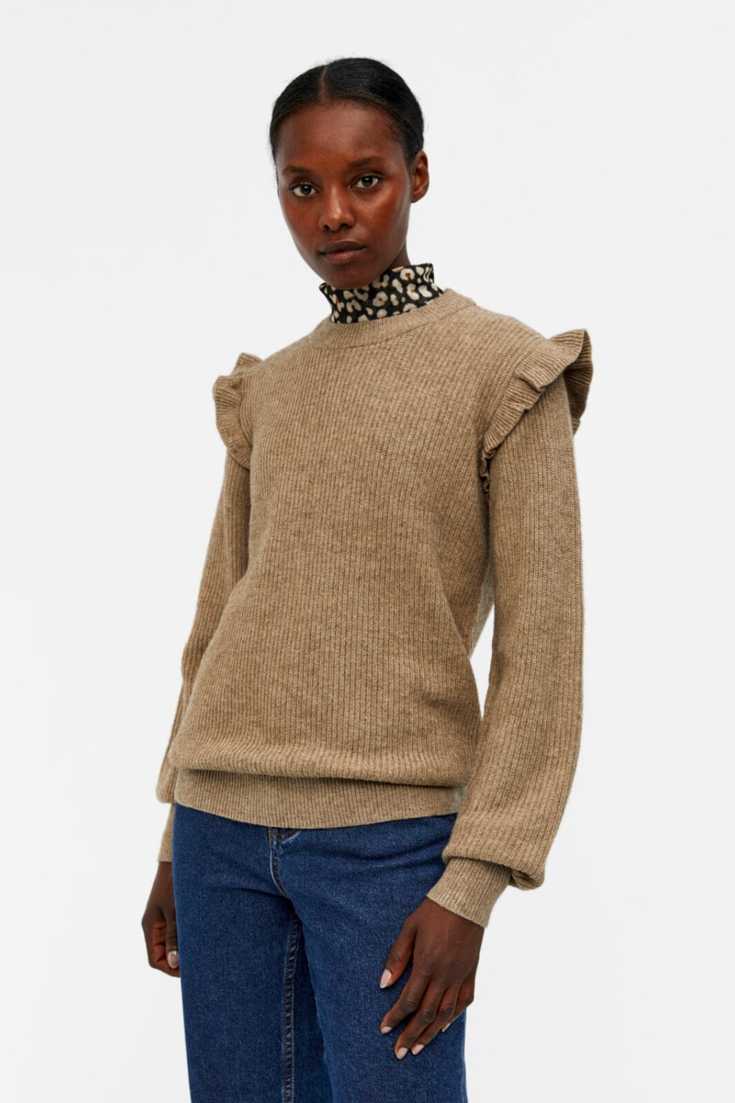 Object - Objmalena L/S Ruffle Pullover - Fossil MELANGE Strikbluser 