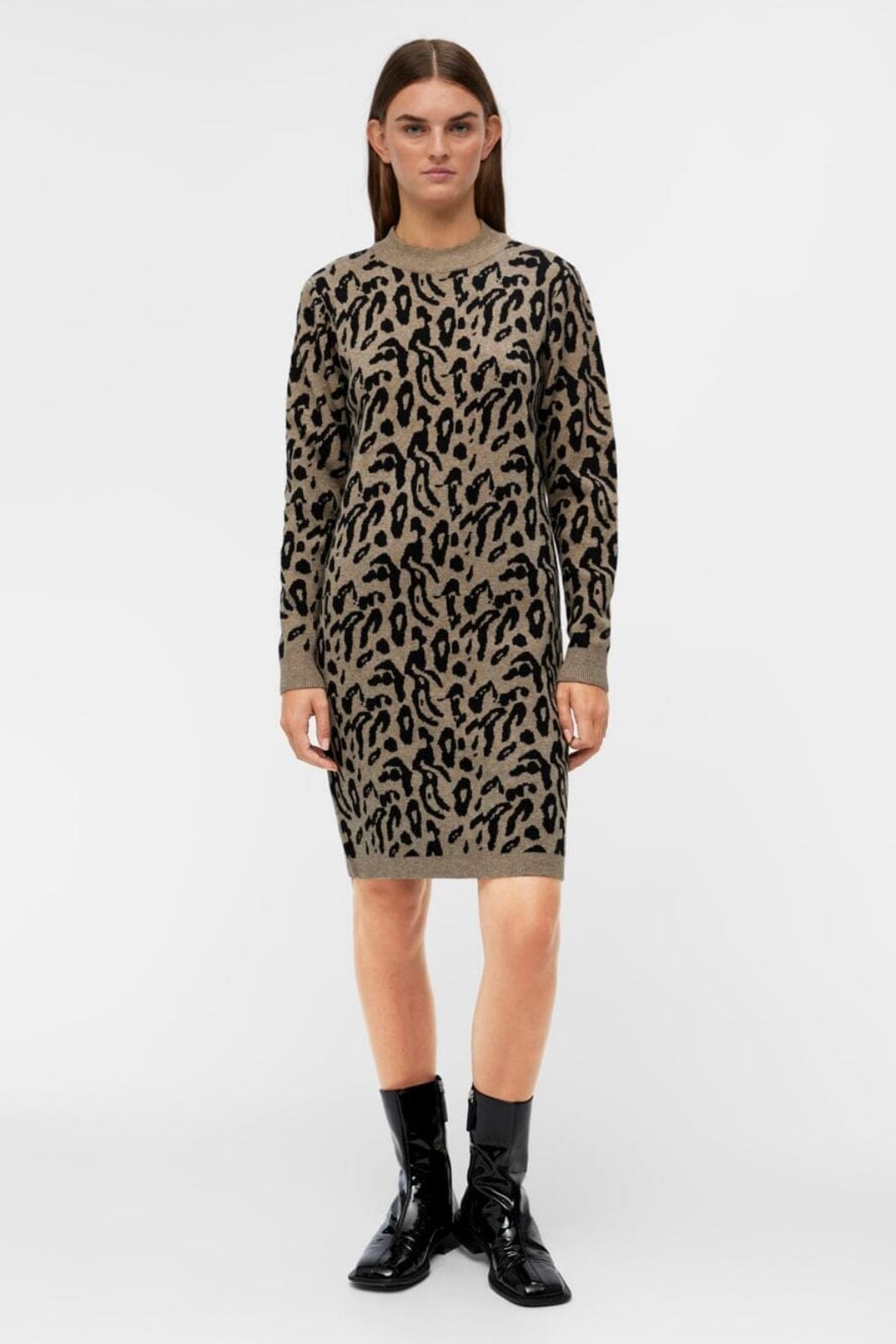 Object - Objray L/S Knit Dress - 4113366 Fossil Black Small Animal Jaquard Kjoler 