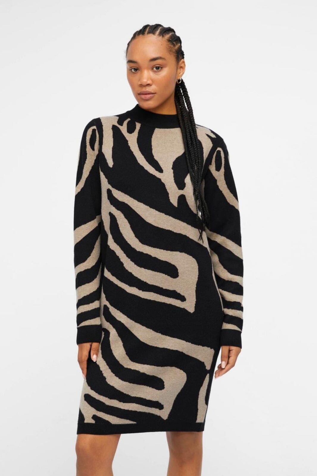 Object - Objray L/S Knit Dress - 4374429 Black Fossil Big Animal Jaquard Kjoler 