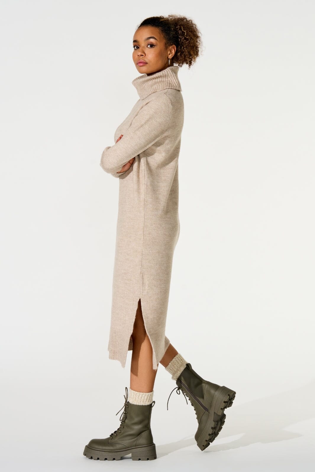 Only - Onlbrandie L/S Roll Neck Dress Knt - 3732376 Pumice Stone W. Melange Kjoler 