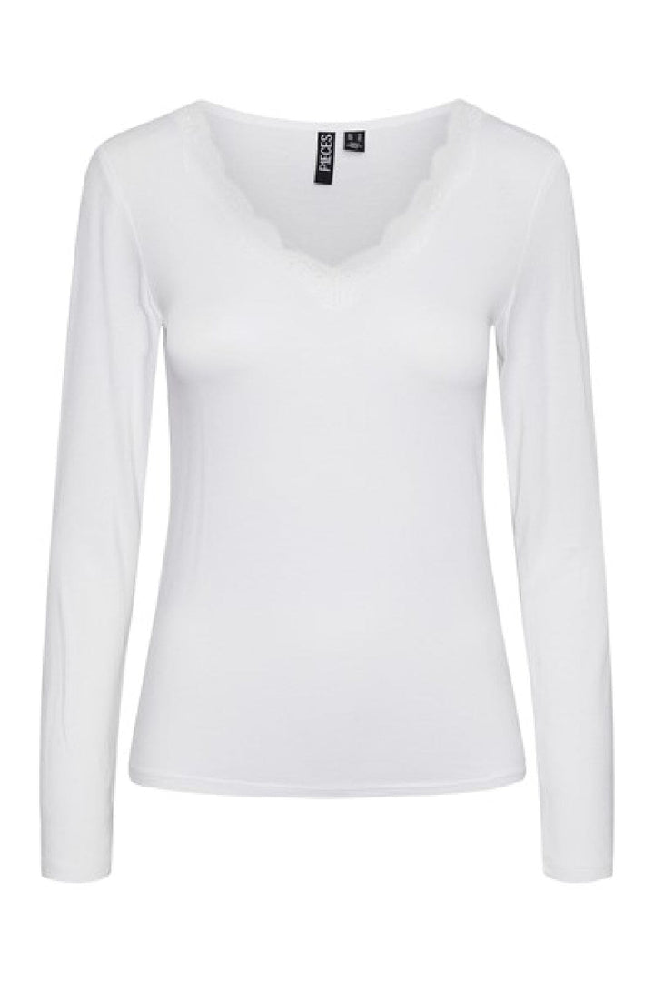 Pieces - Pcbarbera Ls Lace Top - 188927 Bright White Bluser 