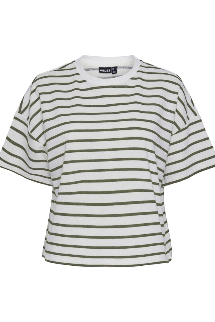 Pieces - Pcchilli Summer 2/4 Sweat Stripe - 4476193 Cloud Dancer Deep Lichen Green T-shirts 
