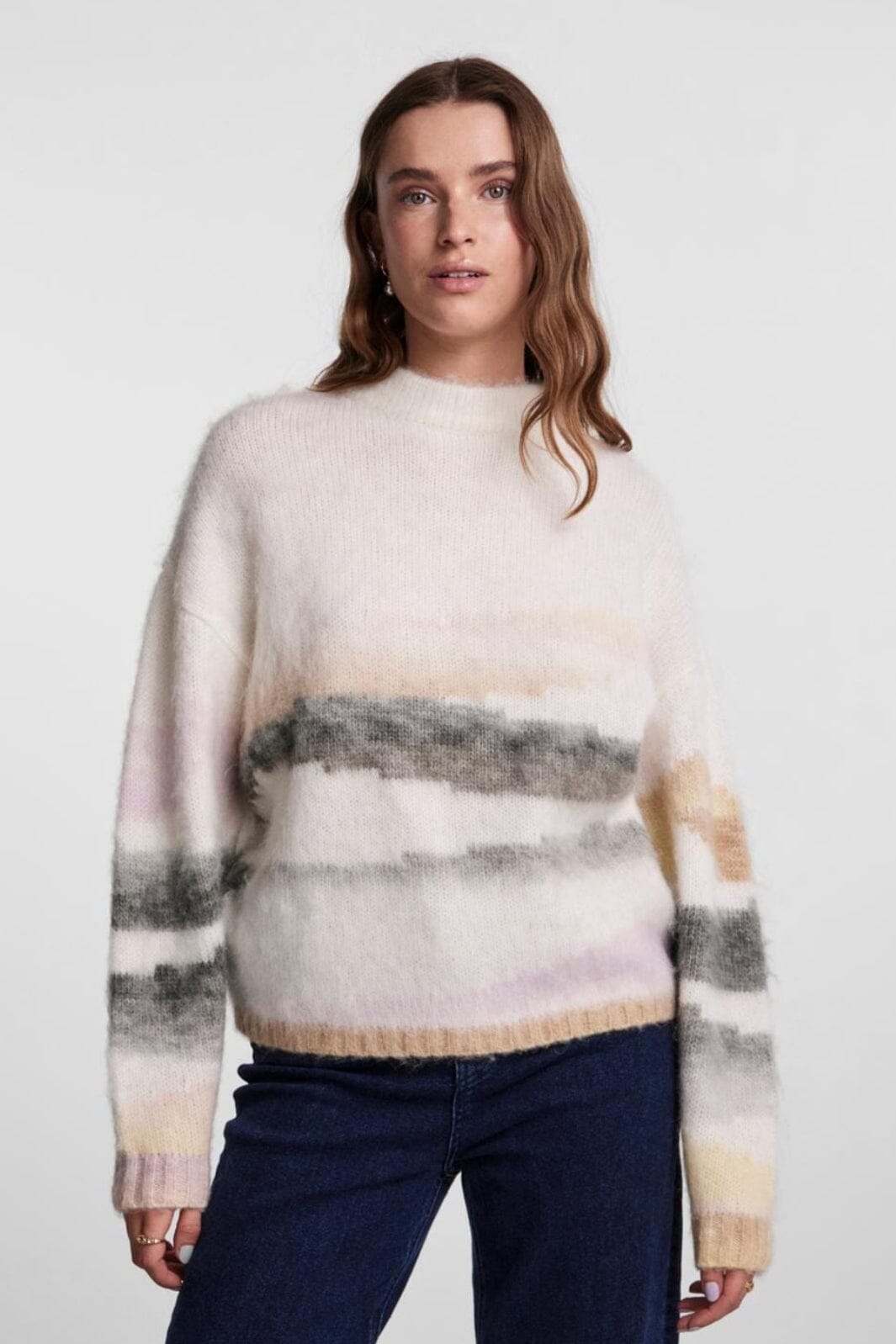 Pieces - Pcjeria Ls High Neck Jacquard Knit - 4312932 Cloud Dancer Strikbluser 